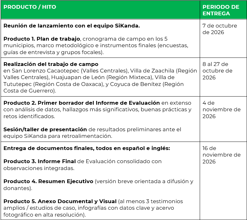 Tabla de entregas y fechas para la consultoría externa de evaluación RI.